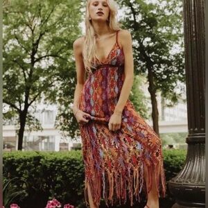 Zara Multicolor Crochet Fringe Maxi Dress — Red, Orange, Blue Mix